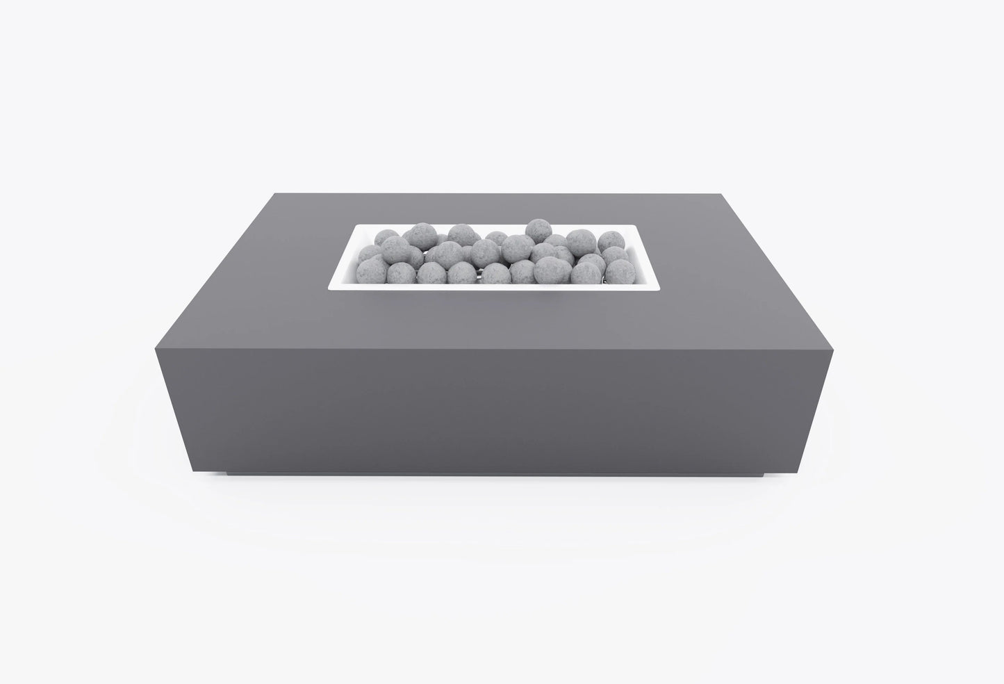 Rectangular concrete outdoor fire pit table with recessed burner and fire stones