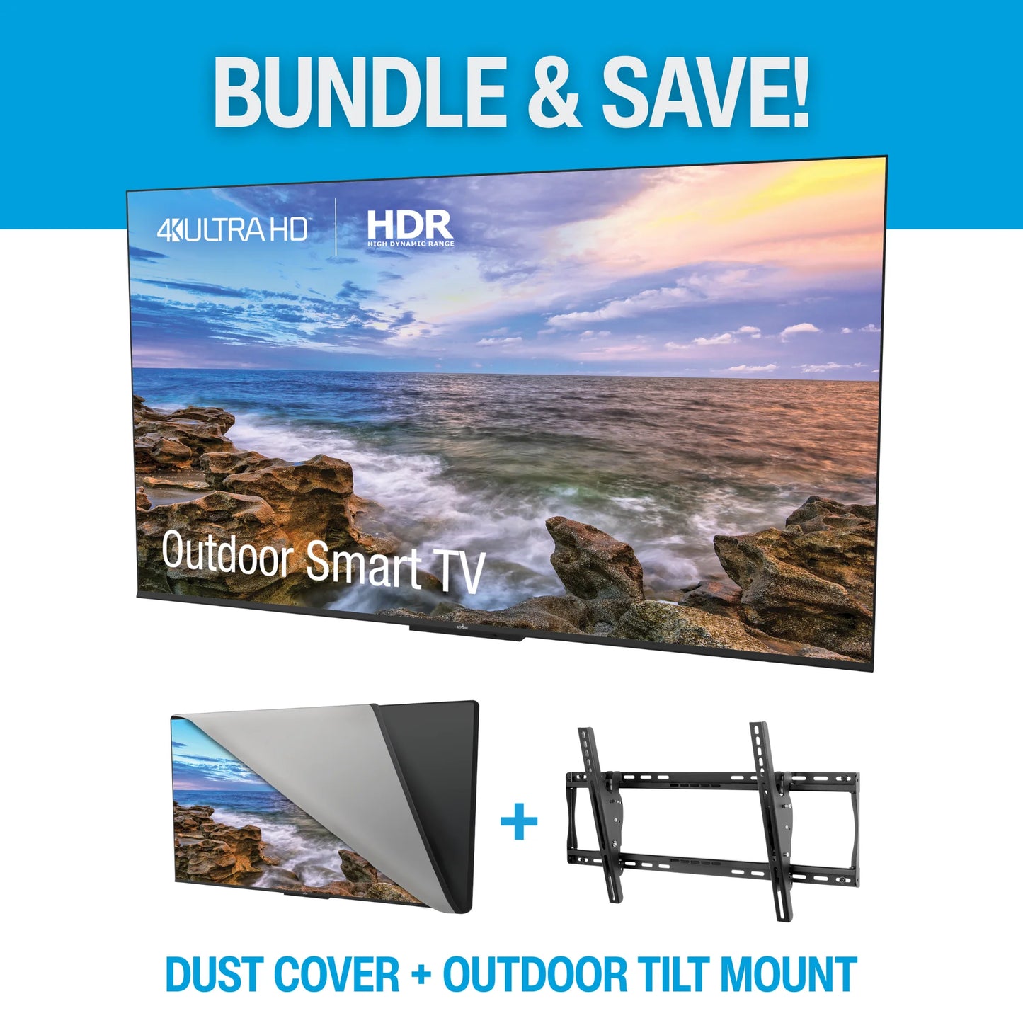 Neptune 65 inch outdoor smart TV bundle with dust cover and tilt mount