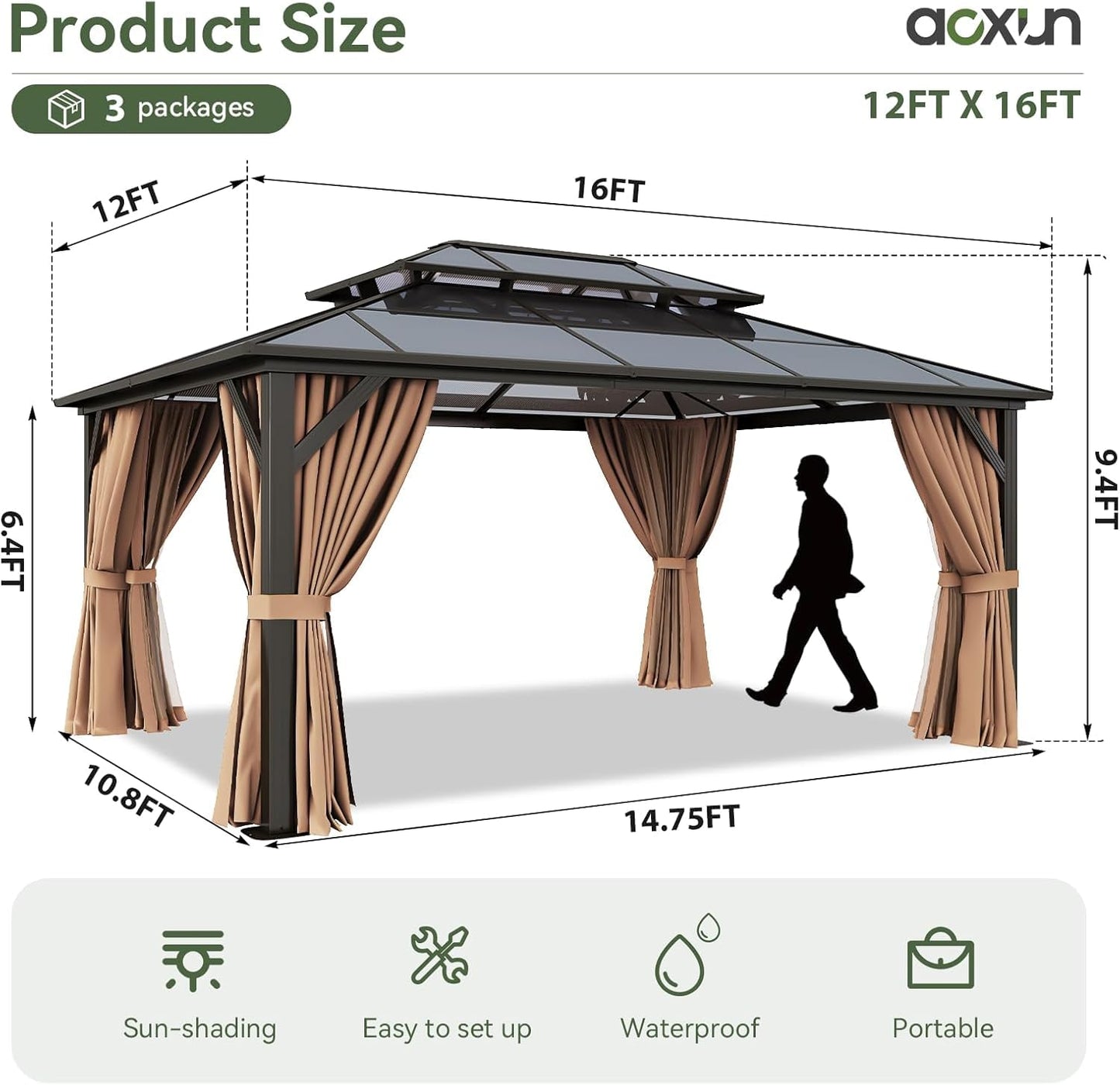 Aoxun 12' x 10' Hardtop Outdoor Gazebo
