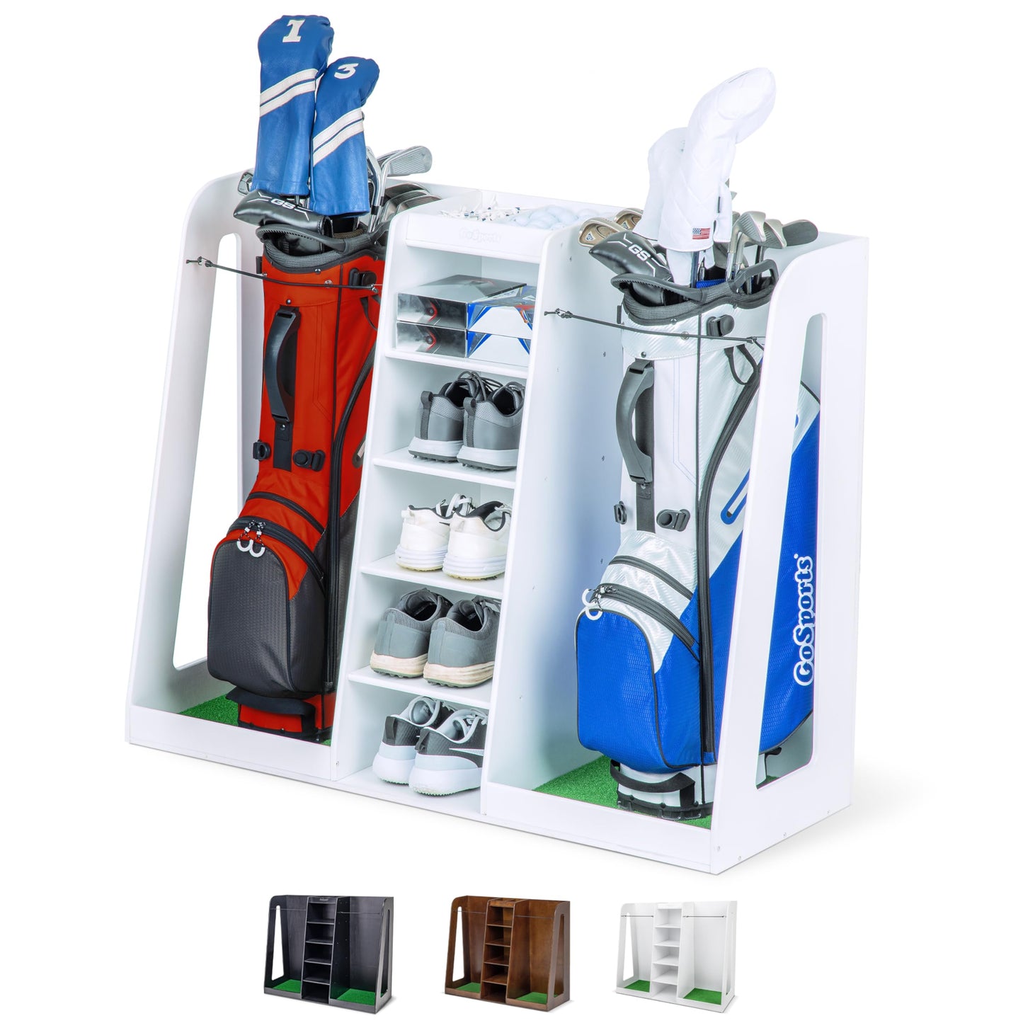 GoSports Wooden Golf Bag Organizer Rack for 2 Bags