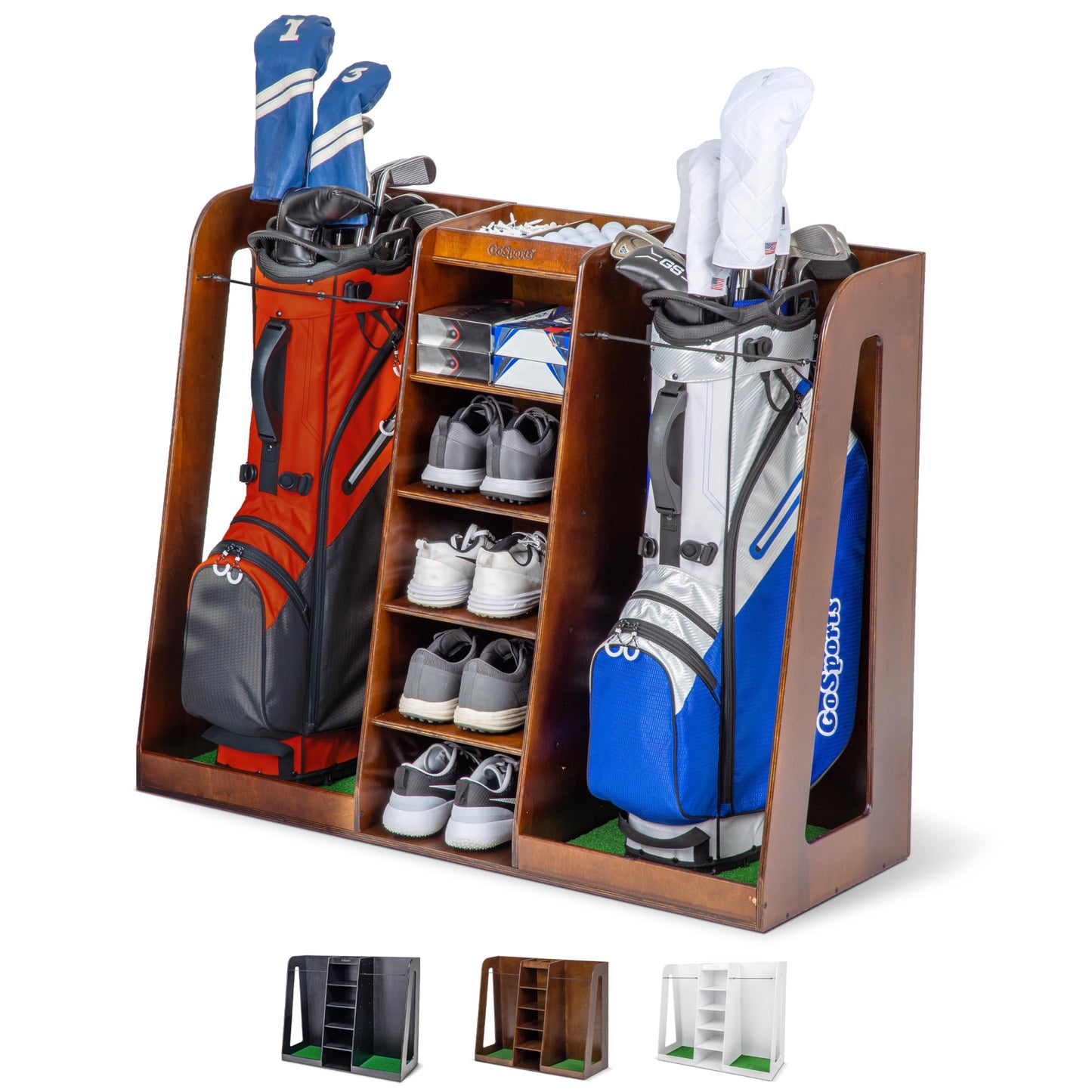 GoSports Wooden Golf Bag Organizer Rack for 2 Bags