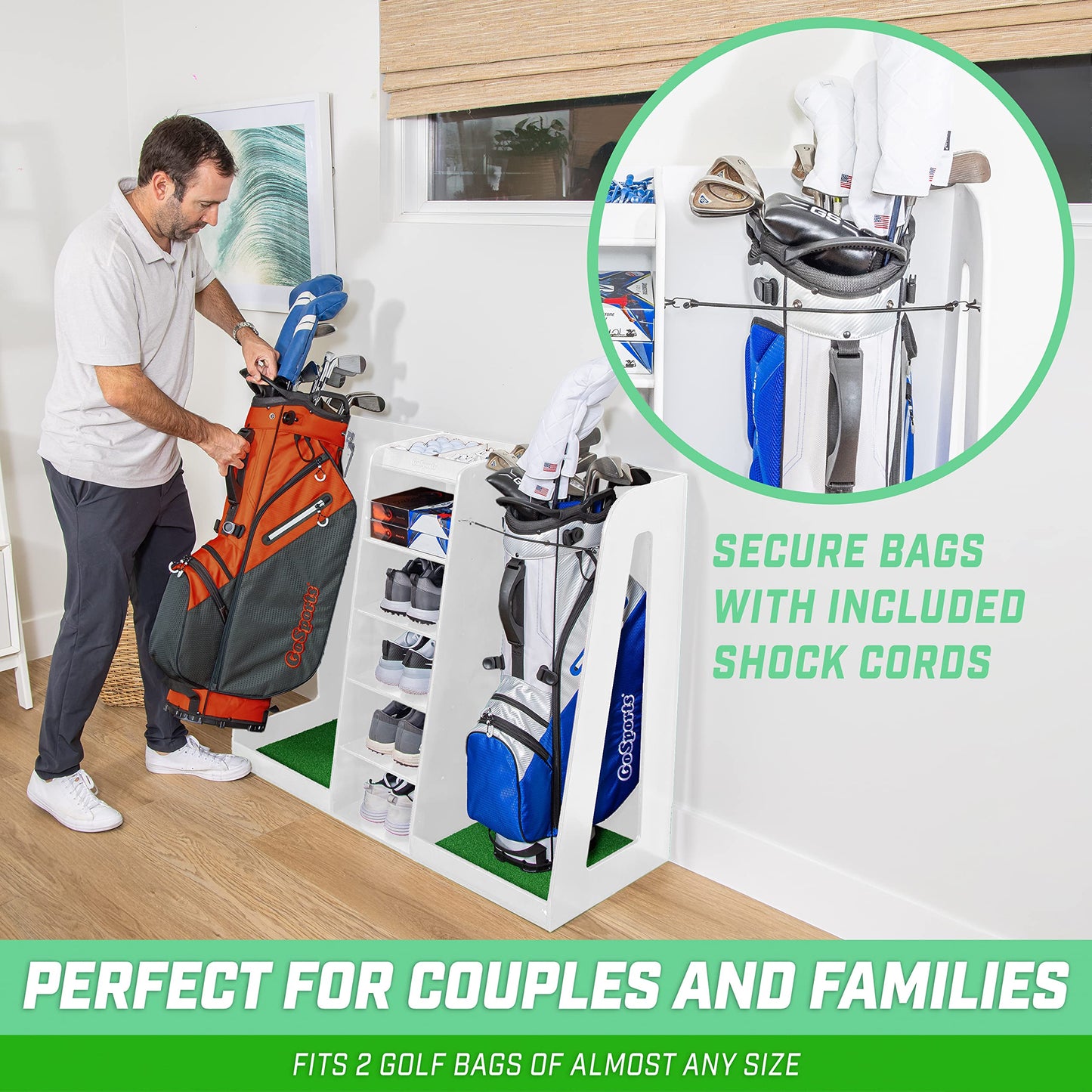 GoSports Wooden Golf Bag Organizer Rack for 2 Bags