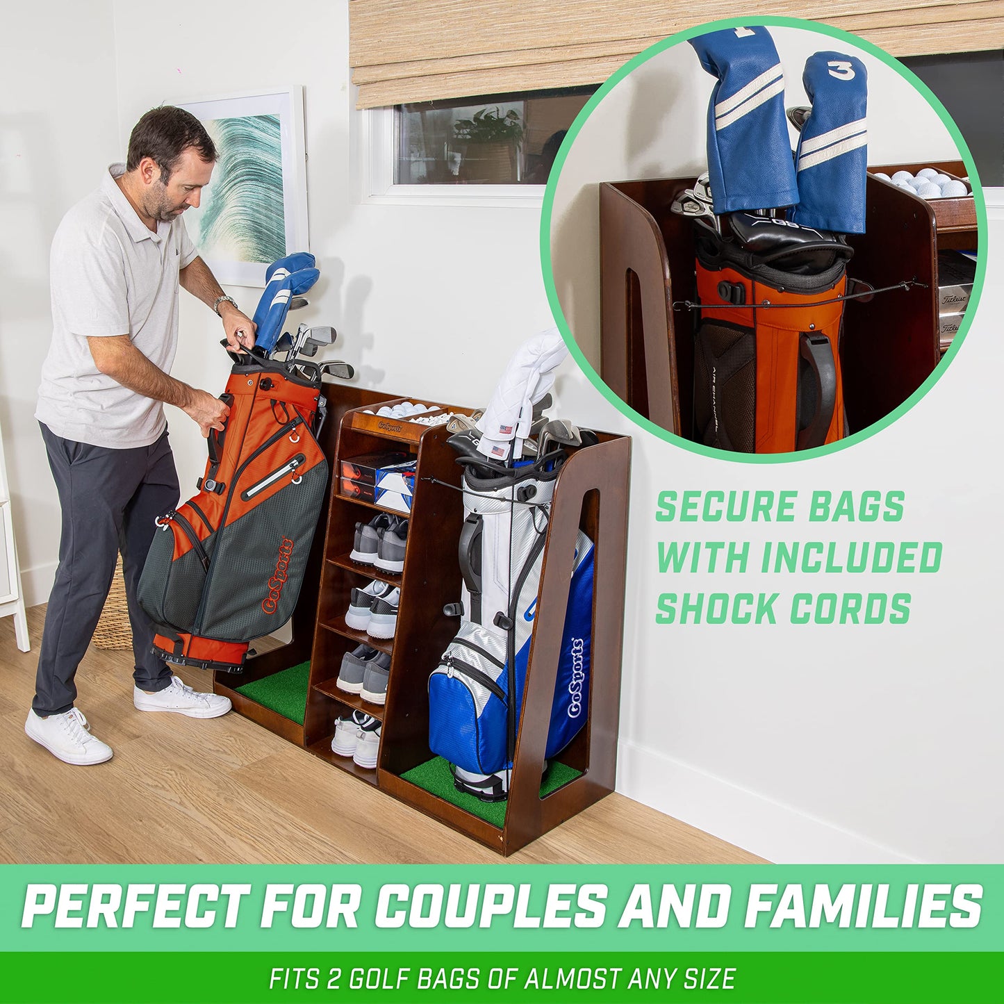GoSports Wooden Golf Bag Organizer Rack for 2 Bags