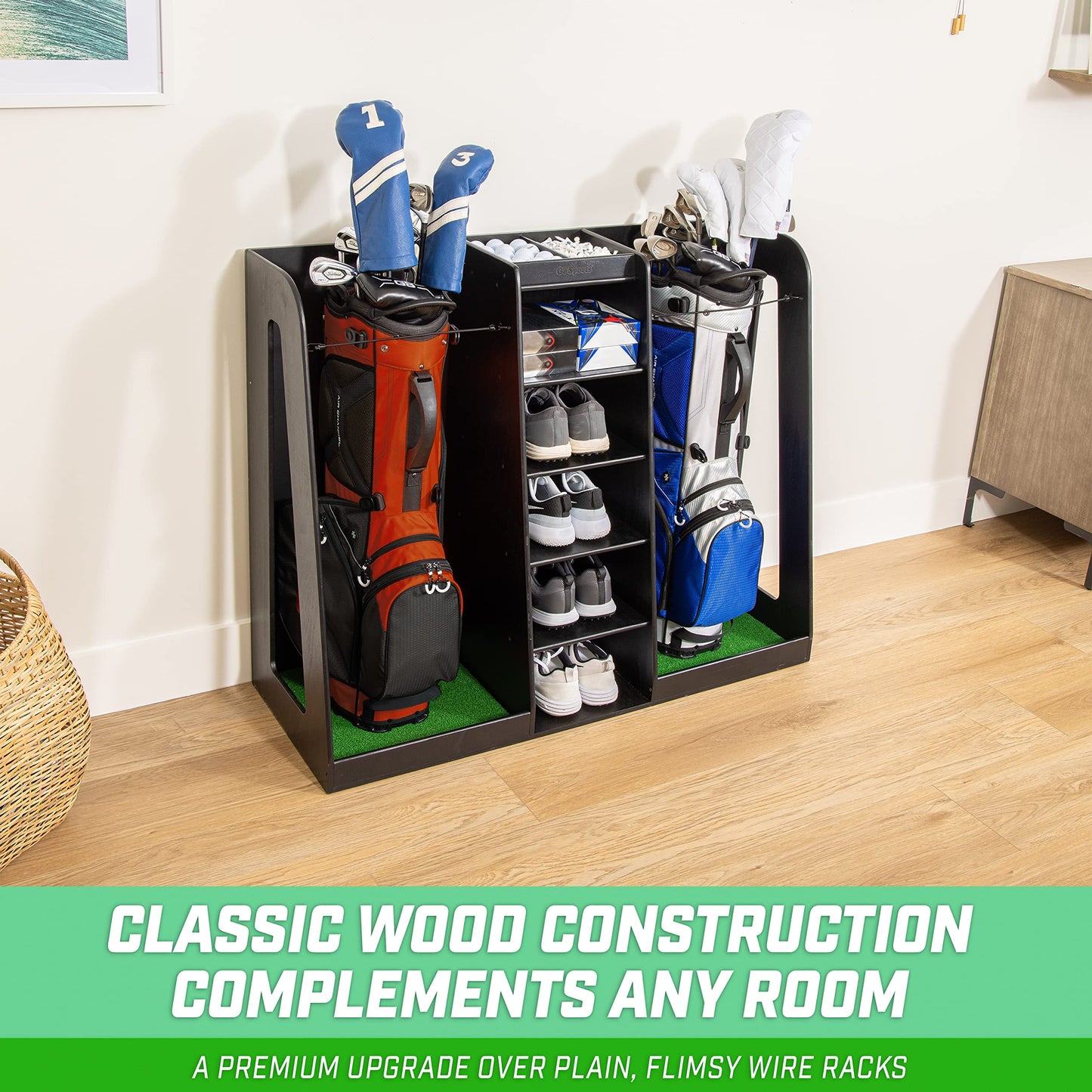 GoSports Wooden Golf Bag Organizer Rack for 2 Bags