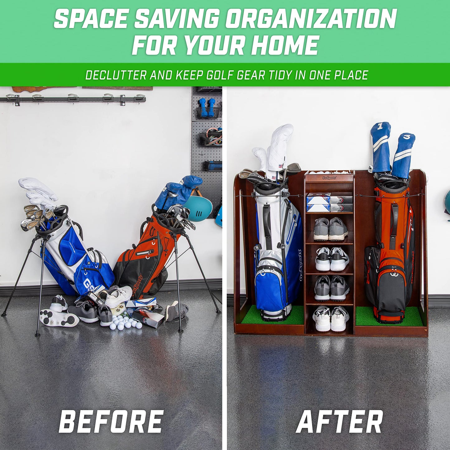 GoSports Wooden Golf Bag Organizer Rack for 2 Bags