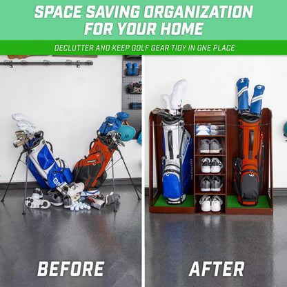 GoSports Wooden Golf Bag Organizer Rack for 2 Bags