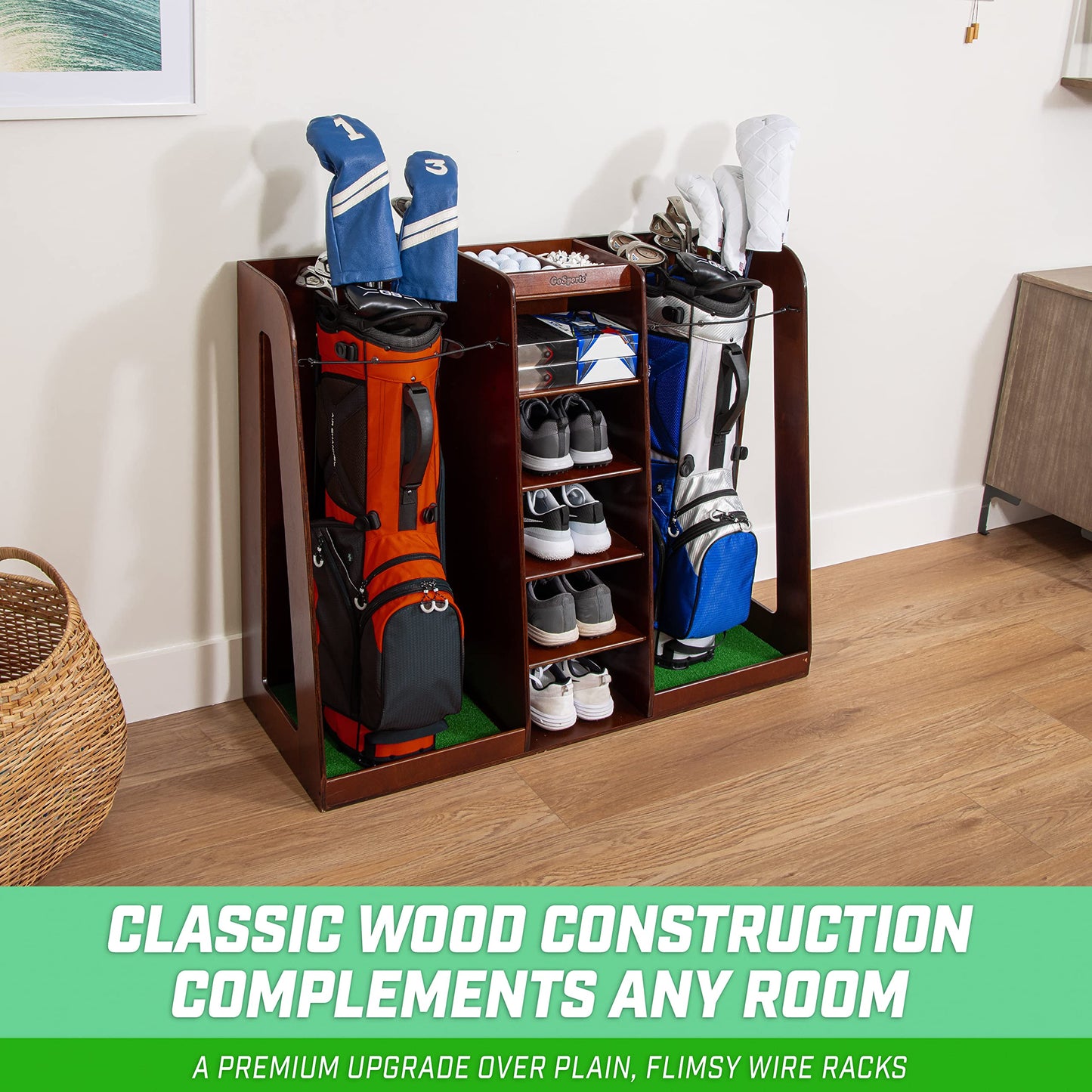 GoSports Wooden Golf Bag Organizer Rack for 2 Bags
