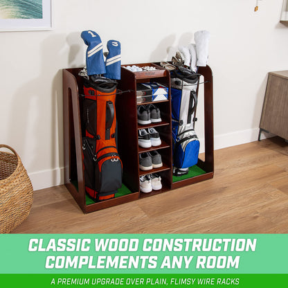 GoSports Wooden Golf Bag Organizer Rack for 2 Bags