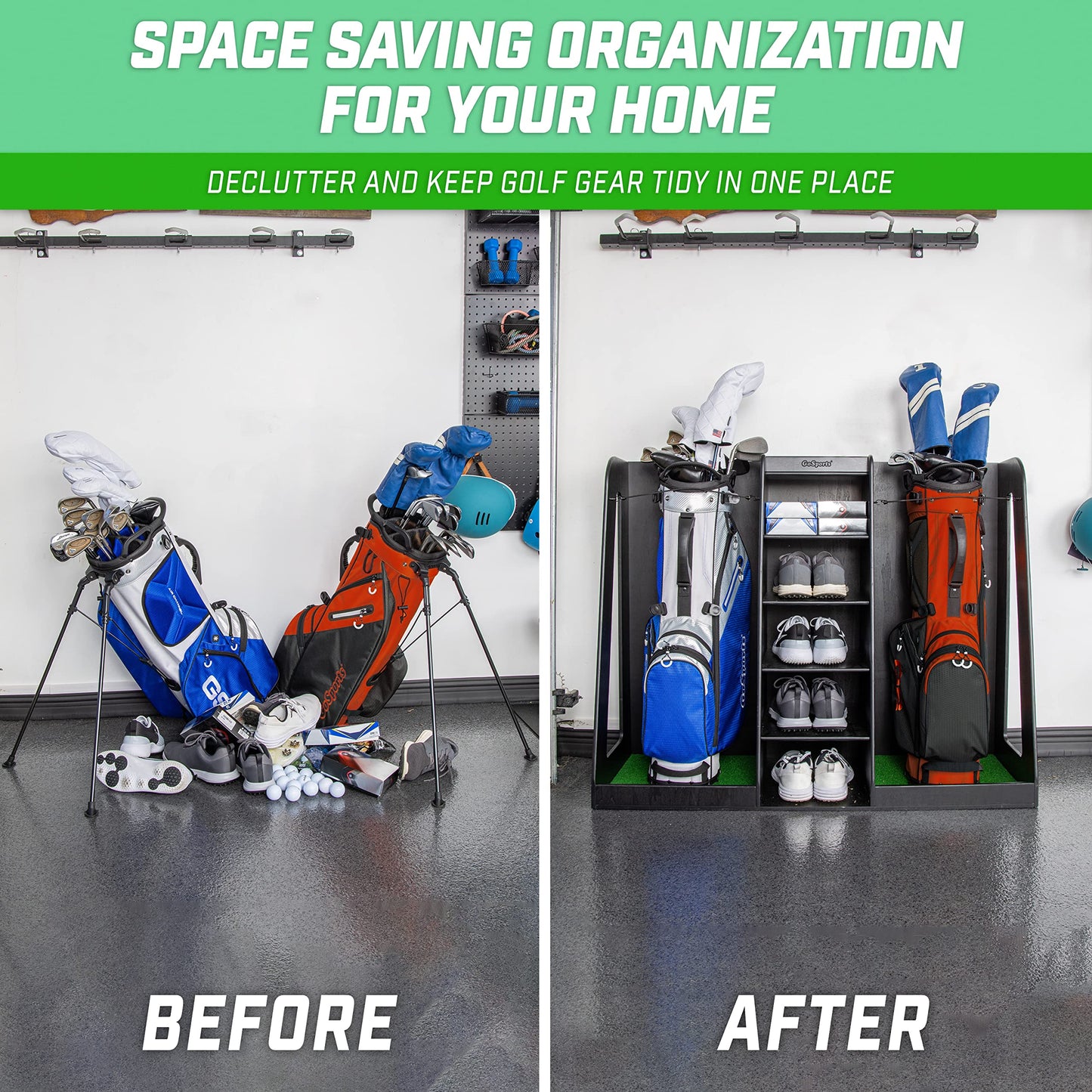 GoSports Wooden Golf Bag Organizer Rack for 2 Bags