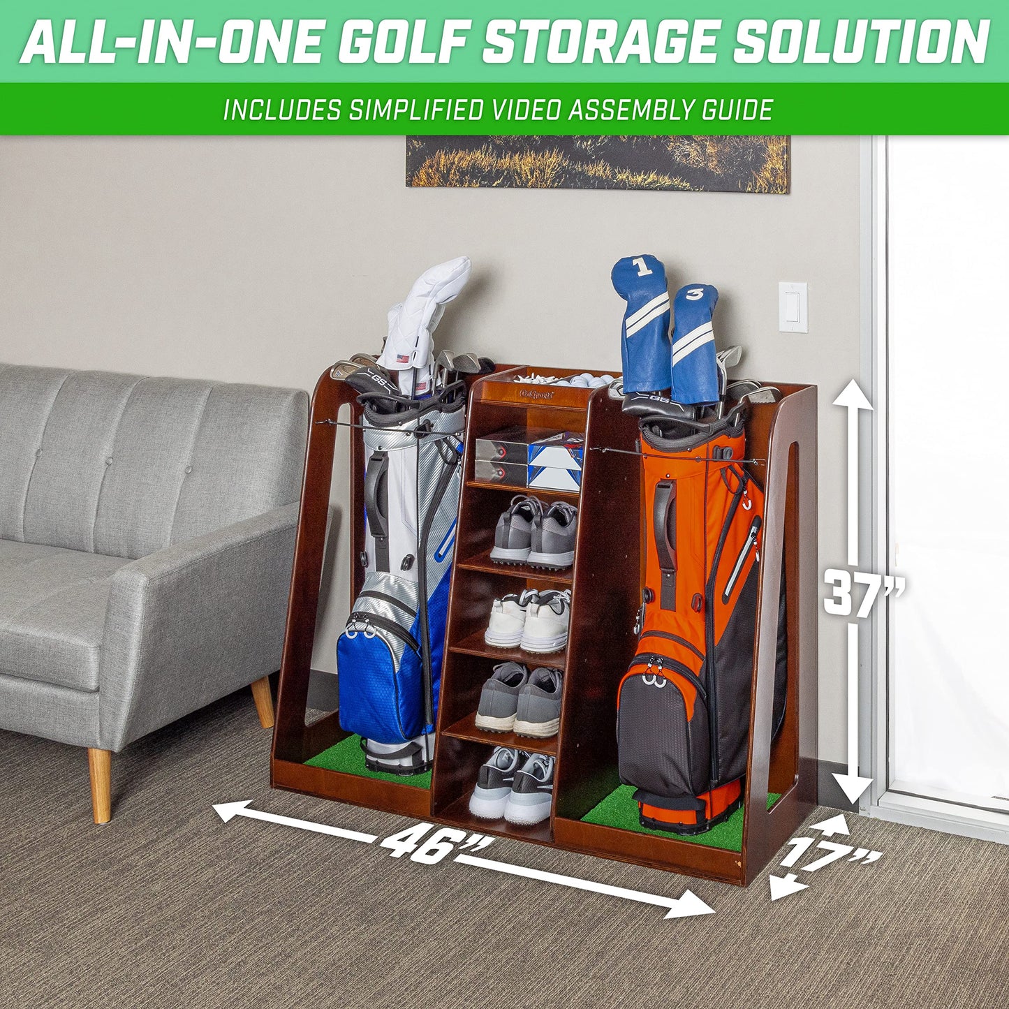 GoSports Wooden Golf Bag Organizer Rack for 2 Bags