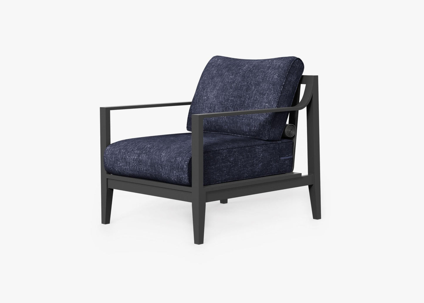 Charcoal aluminum outdoor armchair in Deep Sea Navy with durable outdoor cushions – modern outdoor seating