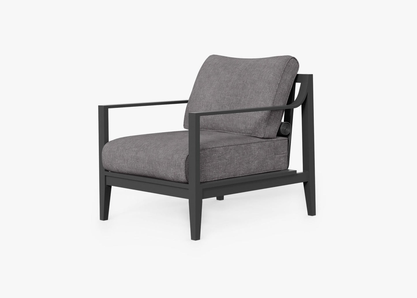 Charcoal aluminum outdoor armchair in Dark Pebble Gray with weather resistant cushions – left view patio seating