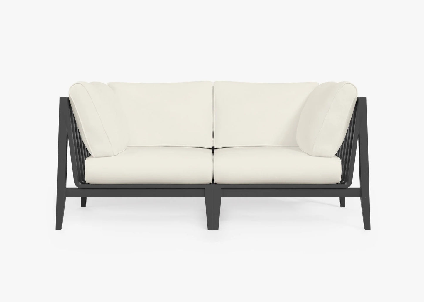 Charcoal aluminum outdoor loveseat in Palisades Cream with all weather cushions – modern 2 seat outdoor seating