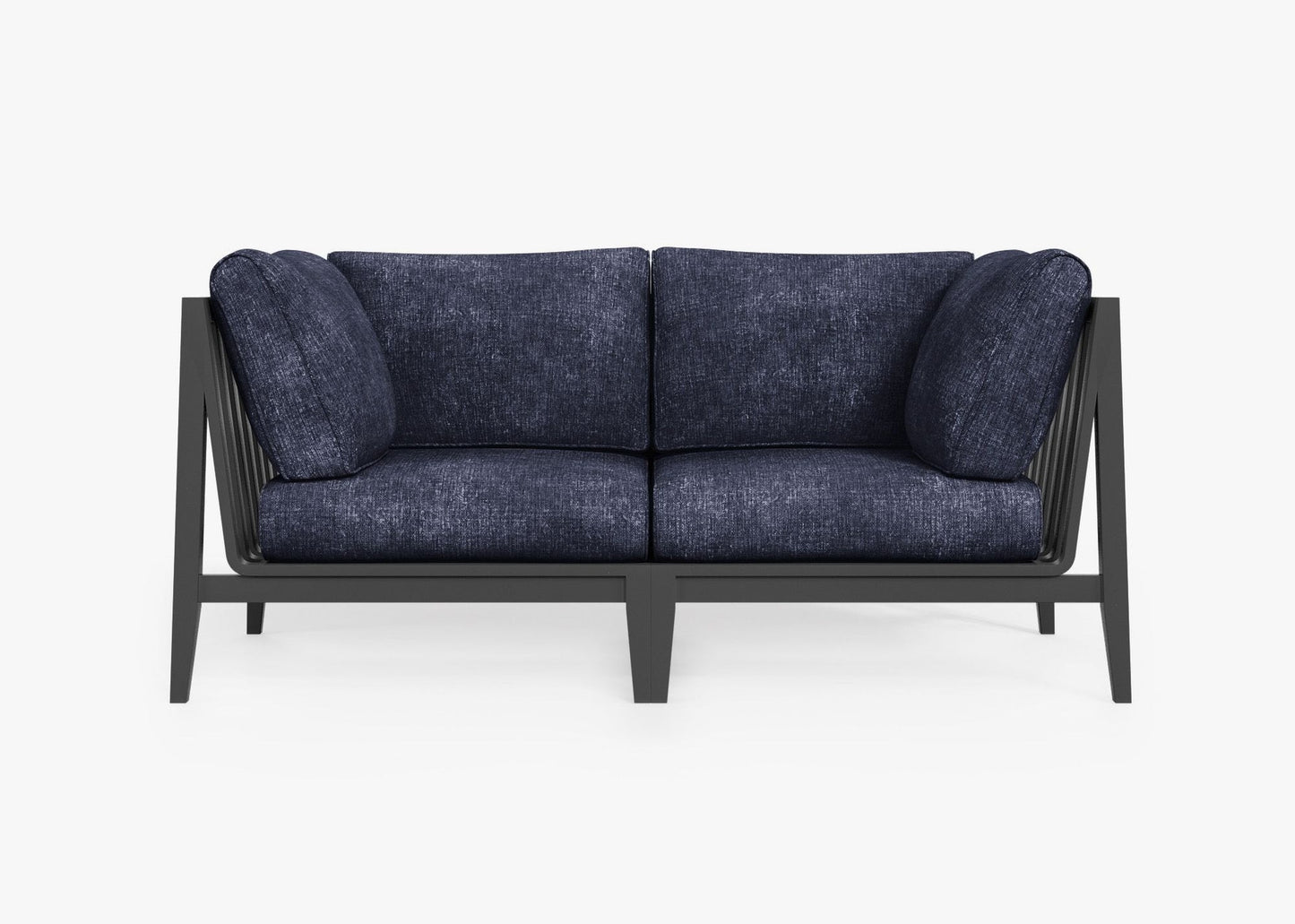 Charcoal aluminum outdoor loveseat in Deep Sea Navy with durable outdoor cushions – modern patio loveseat