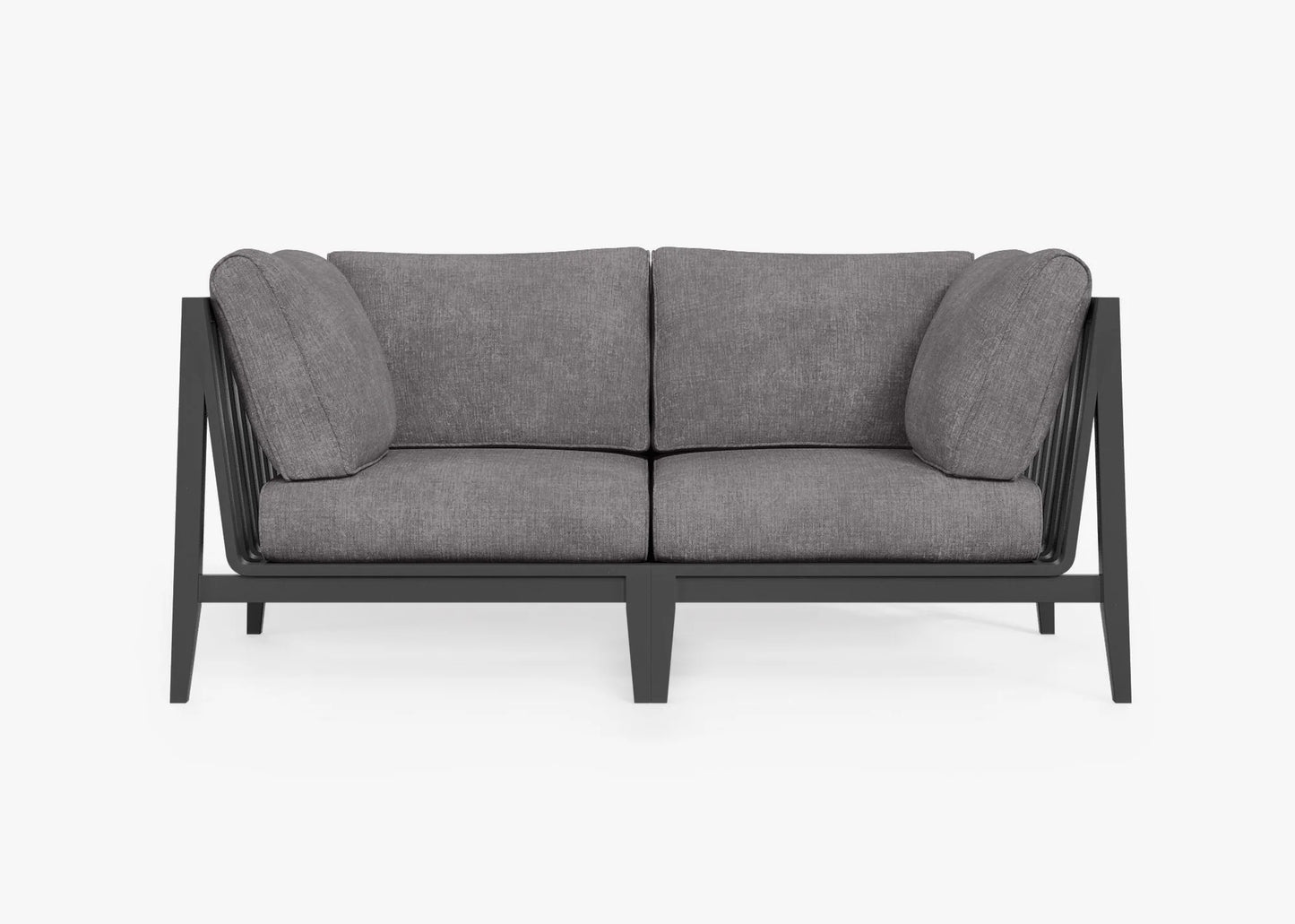 Charcoal aluminum outdoor loveseat in Dark Pebble Gray with all weather cushions – contemporary 2 seat patio seating
