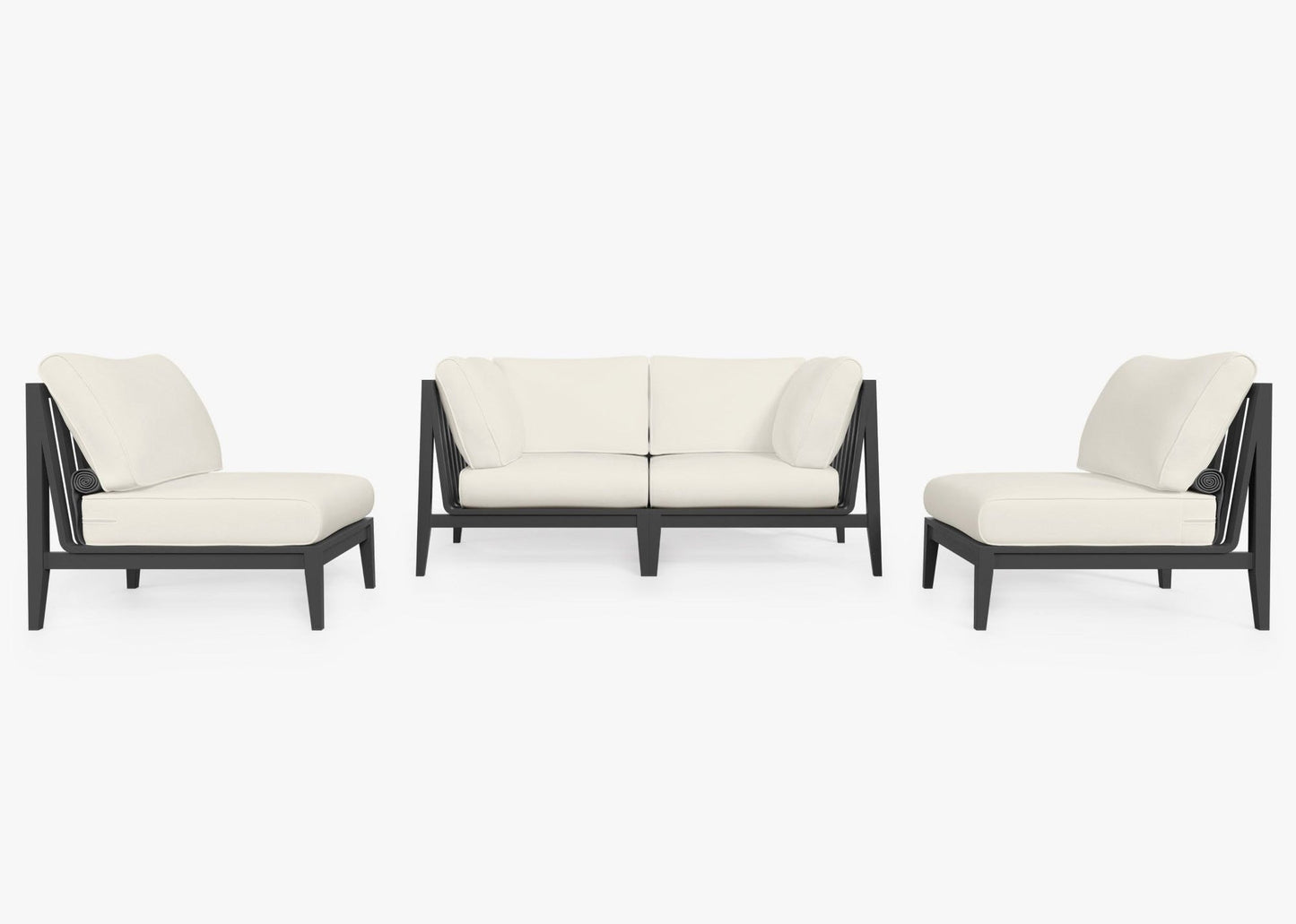 Charcoal aluminum outdoor loveseat set with armless chairs in Palisades Cream – 4 seat patio furniture