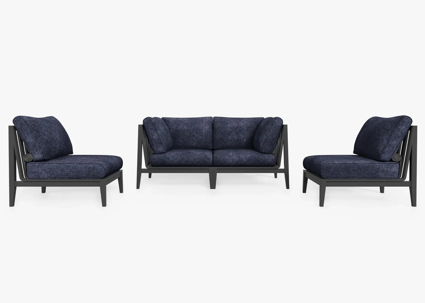 Charcoal aluminum outdoor loveseat set with armless chairs in Navy – 4 seat patio furniture