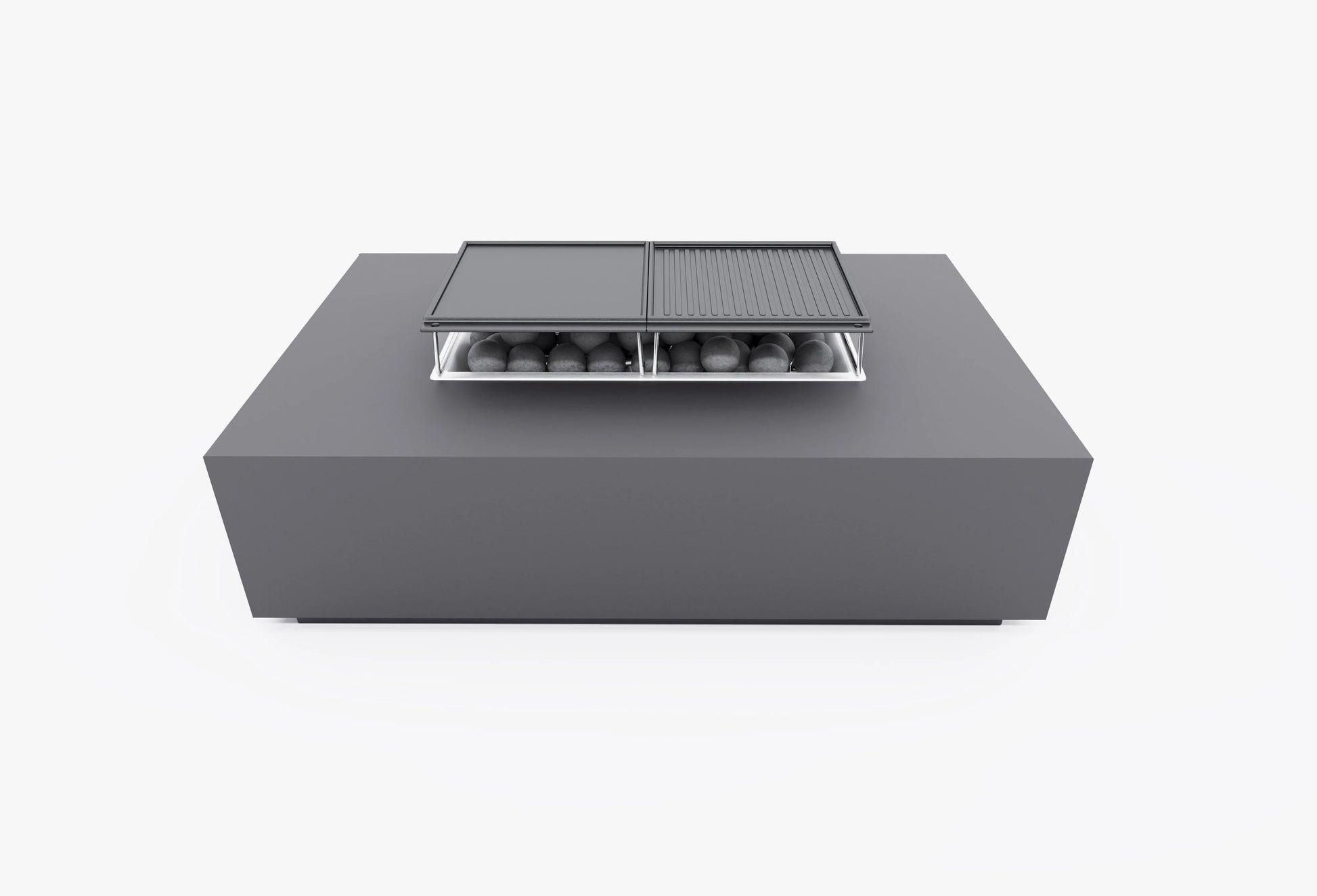 Rectangular concrete fire pit table cooking set with dual grill grate panels