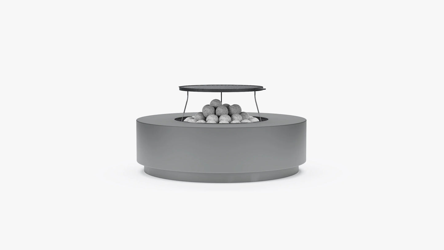 Round concrete fire pit table cooking set with elevated grill grate