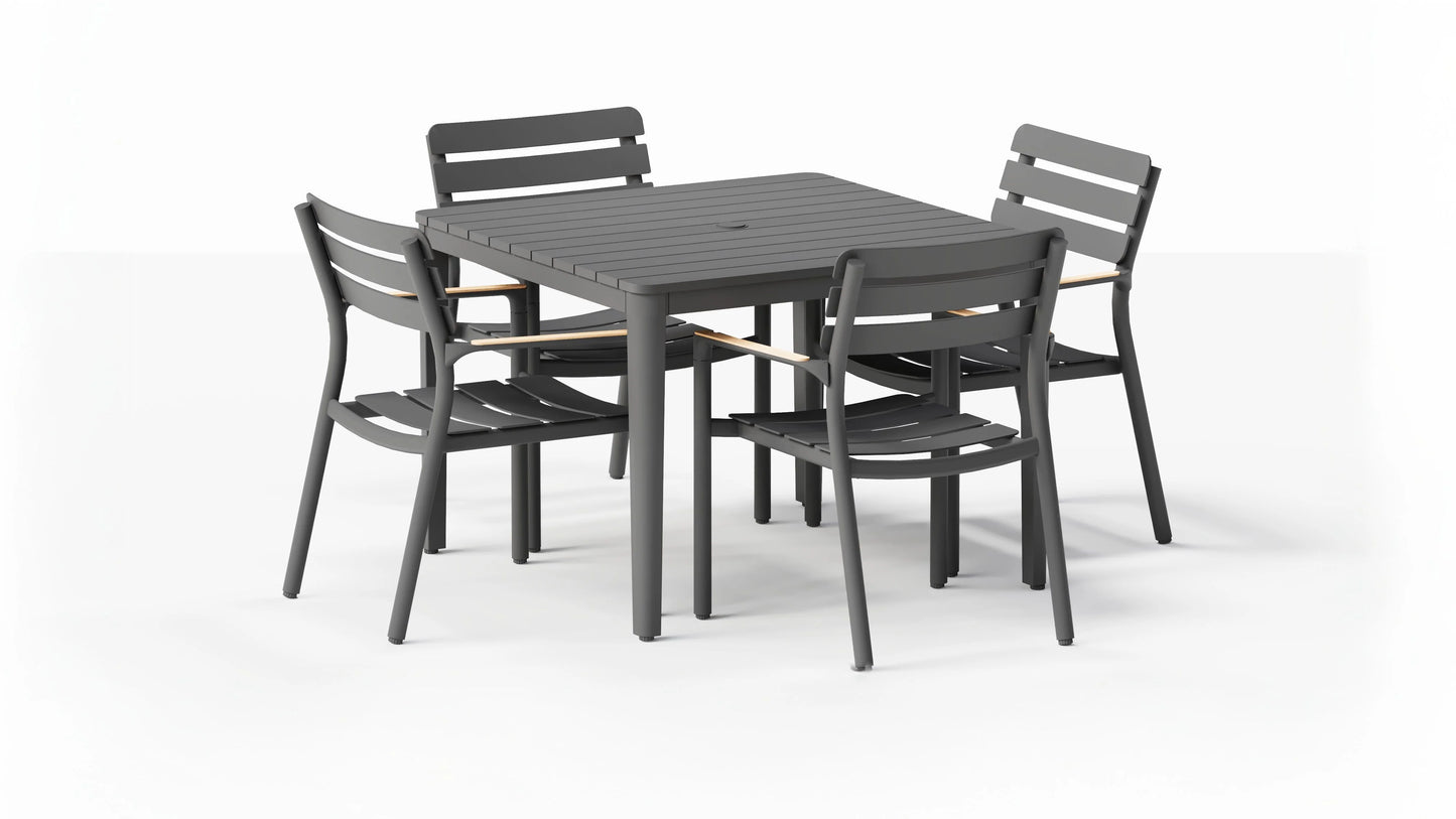Aluminum outdoor square dining table with 4 595 armchairs modern patio dining set