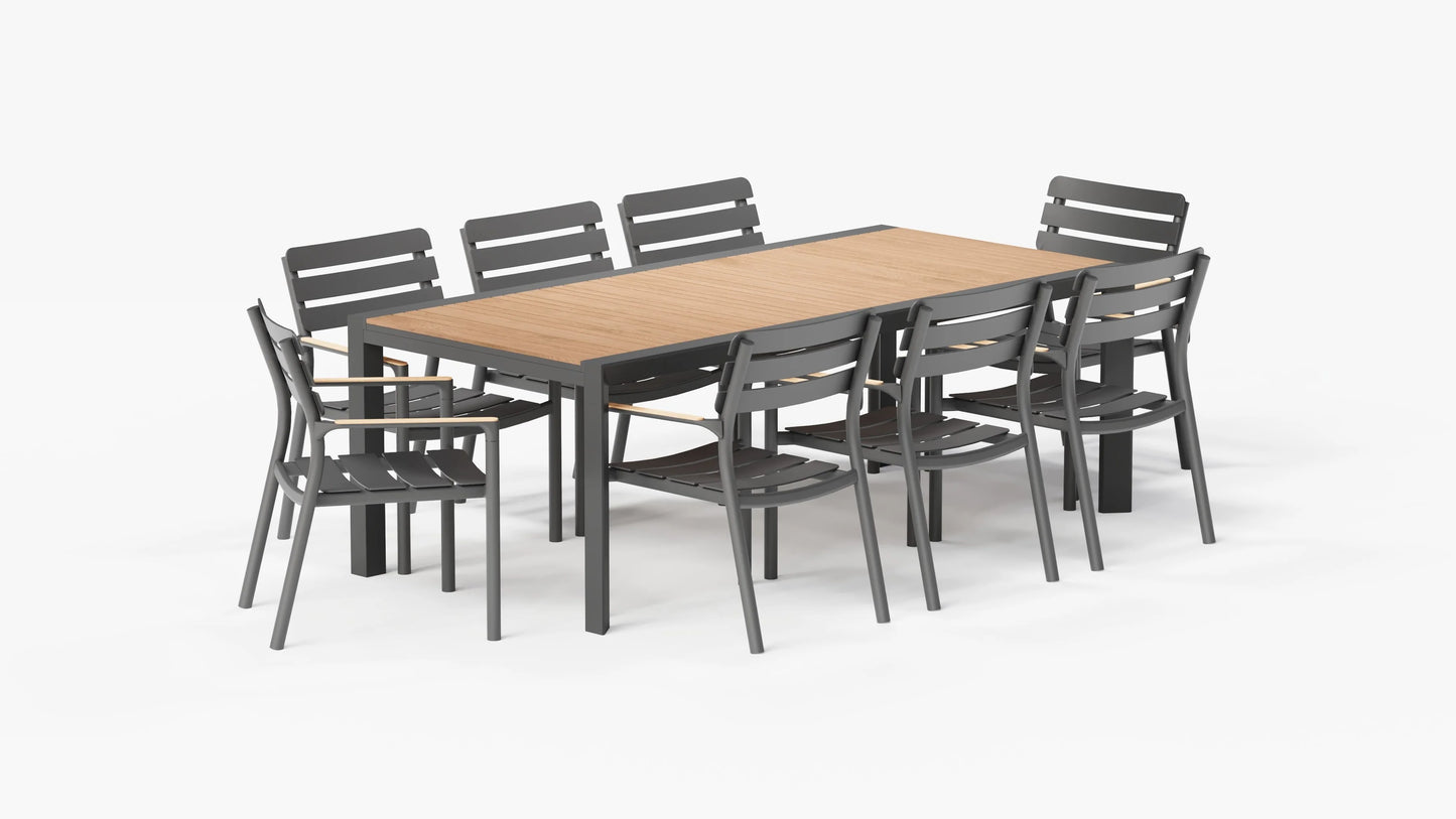 Teak and aluminum outdoor expandable dining table with 8 595 armchairs modern patio dining set