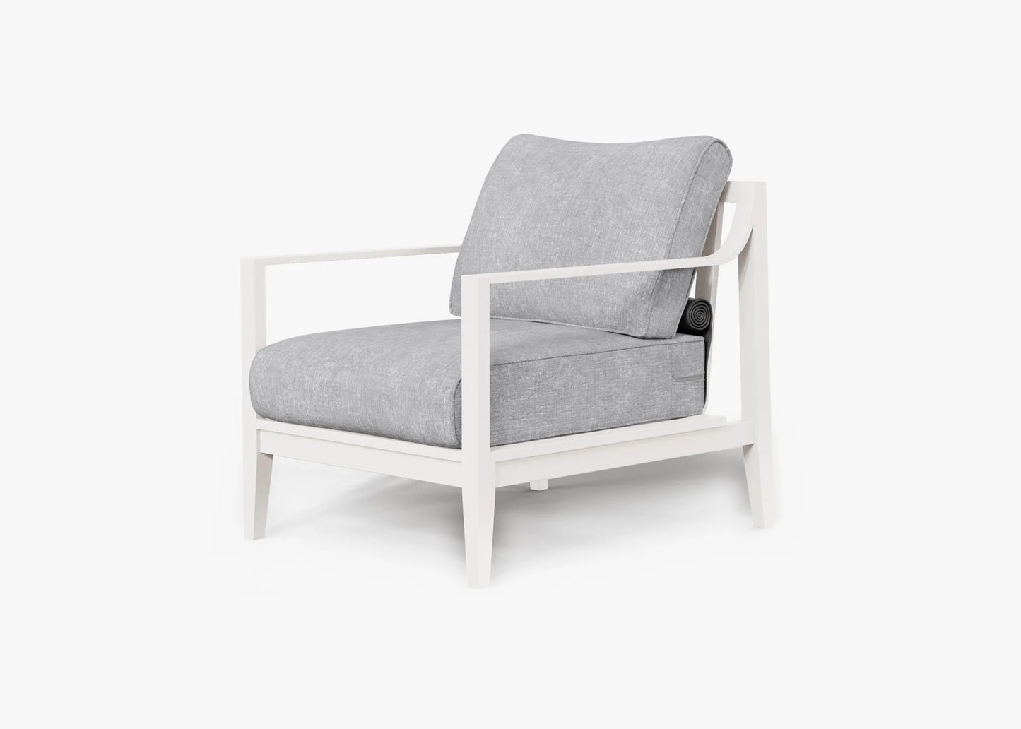 White aluminum outdoor armchair in Pacific Fog Gray with durable outdoor cushions – modern patio chair