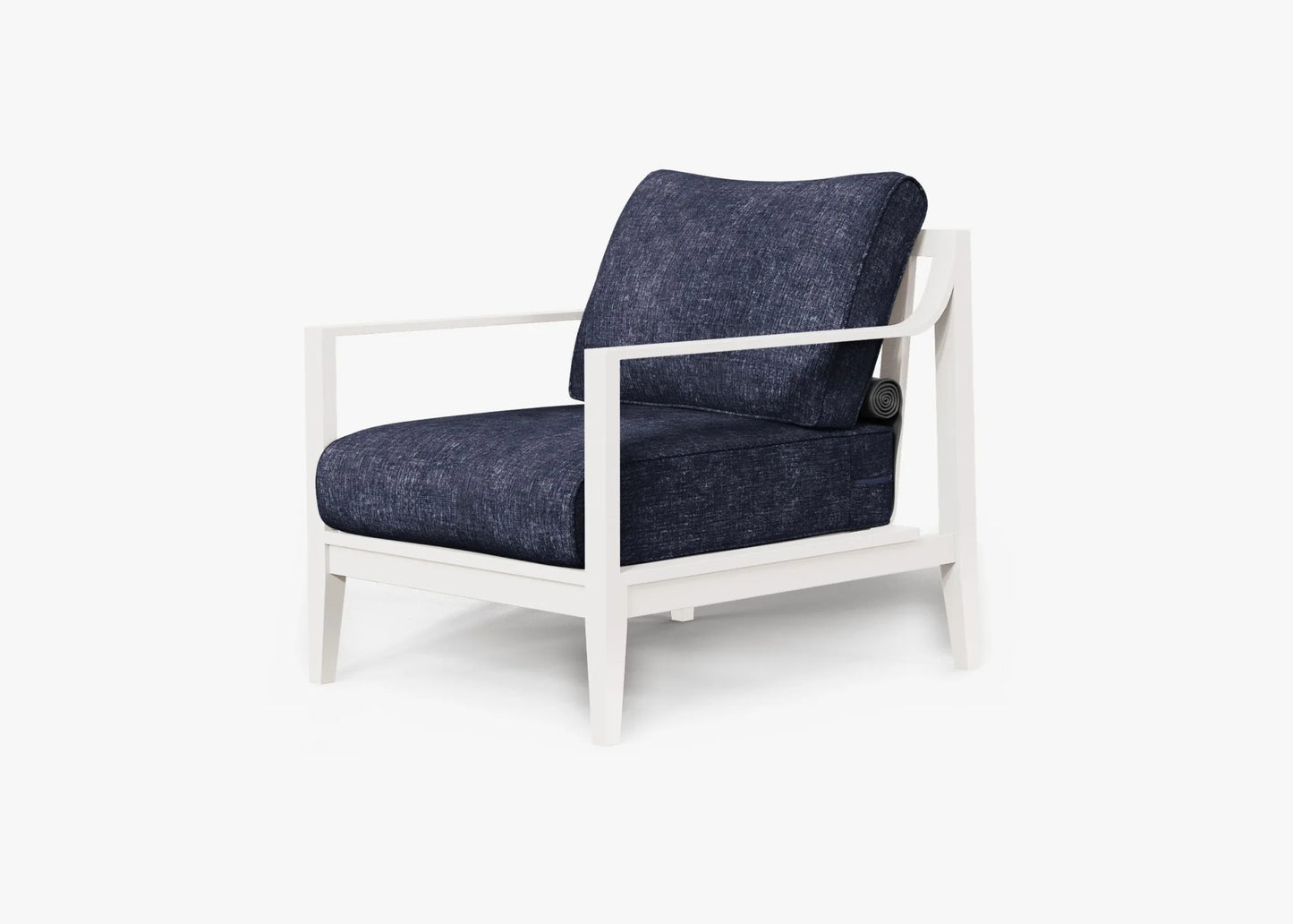 White aluminum outdoor armchair in Deep Sea Navy with all weather cushions – contemporary patio seating