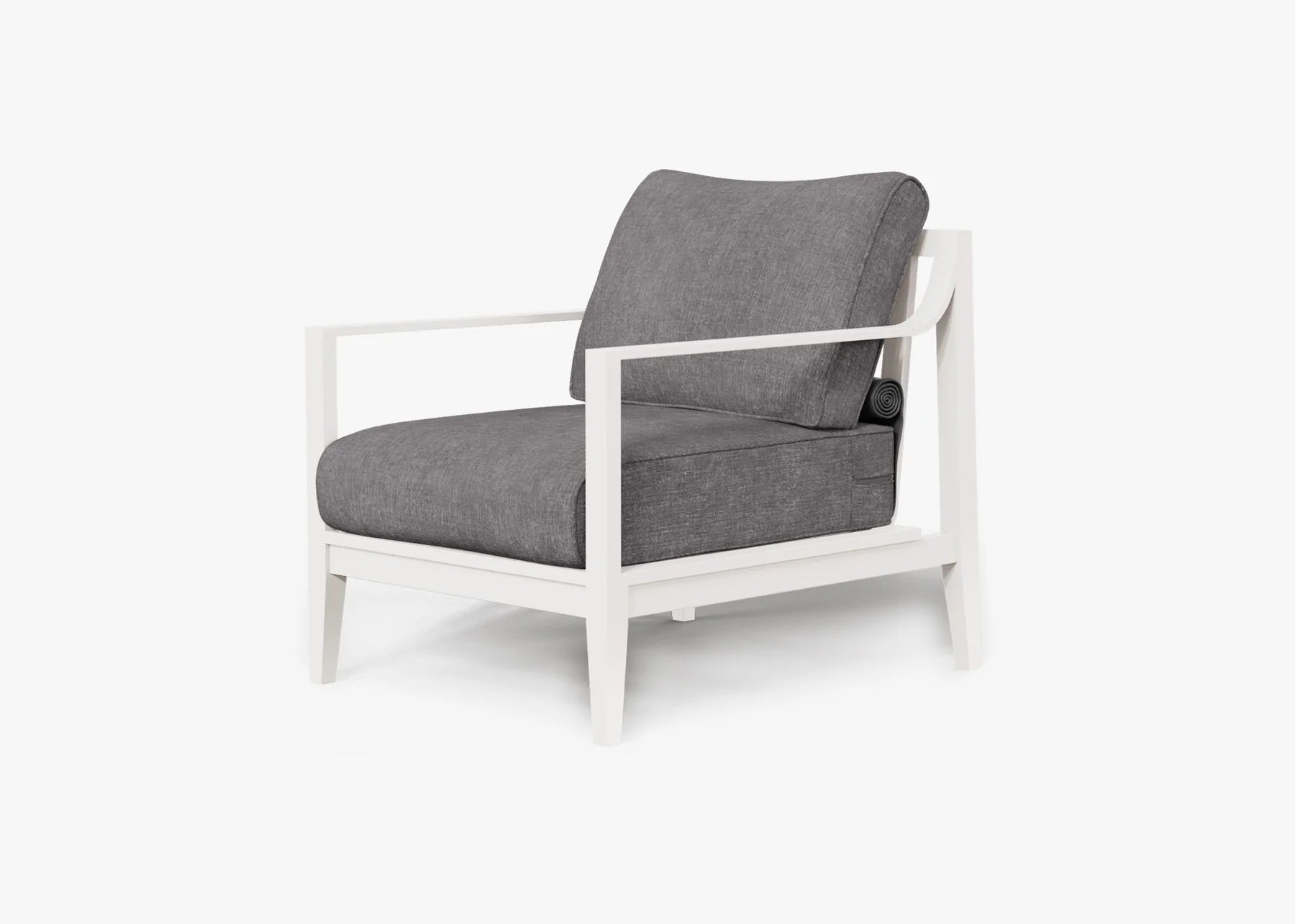 White aluminum outdoor armchair in Dark Pebble Gray with weather resistant cushions – left view patio seating