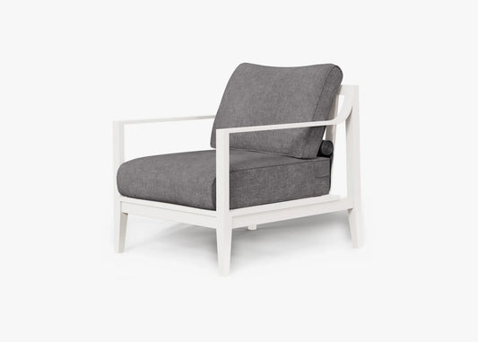 White aluminum outdoor armchair in Dark Pebble Gray with weather resistant cushions – left view patio seating