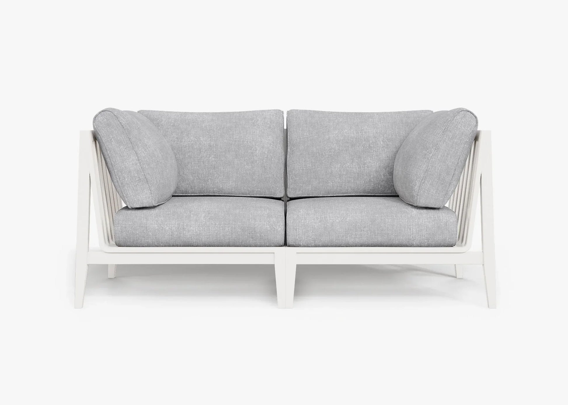 White aluminum outdoor loveseat in Gray with weather resistant cushions – modern 2 seat patio seating