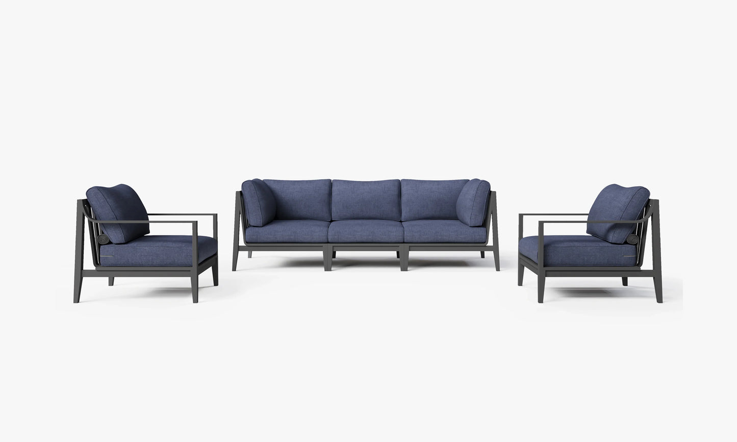 Charcoal aluminum outdoor sofa set with armchairs in Deep Sea Navy – 5 seat outdoor seating