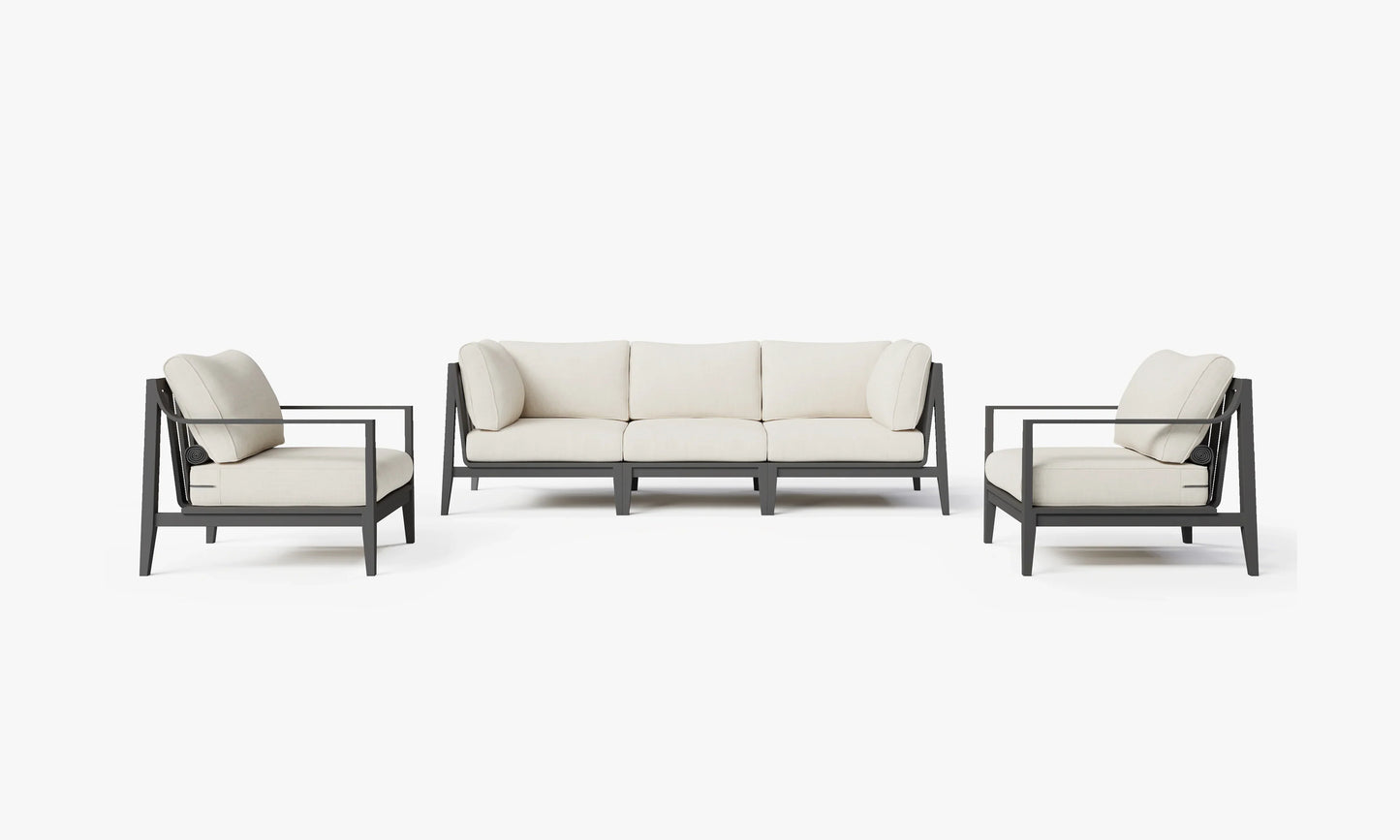 Charcoal aluminum outdoor sofa set with armchairs in Palisades Cream – 5 seat patio seating