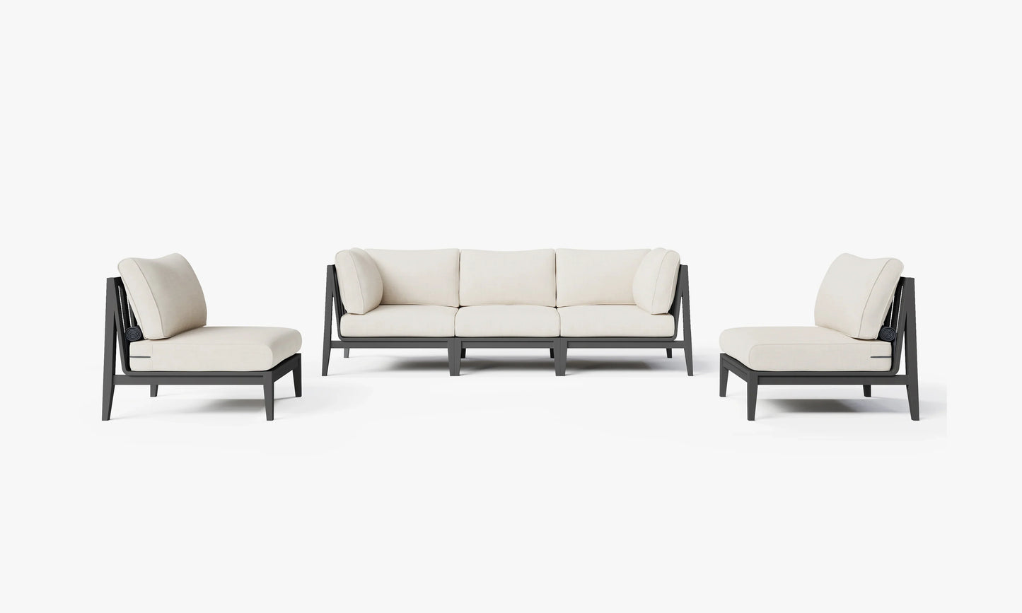 Charcoal aluminum outdoor sofa set in Palisades Cream with armless chairs – 5 seat patio seating