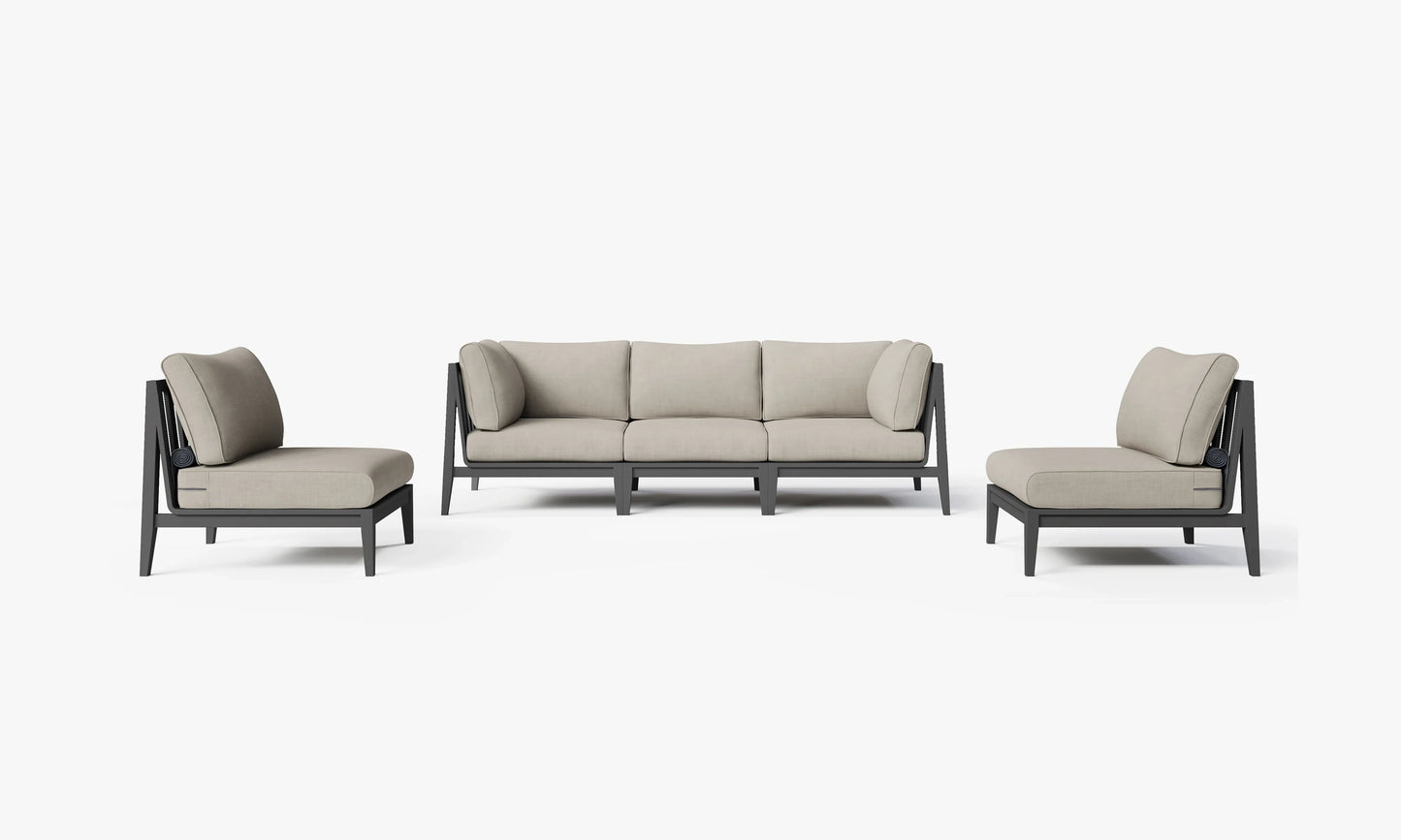 Charcoal aluminum outdoor sofa set in Sandstone Gray with armless chairs – 5 seat patio furniture