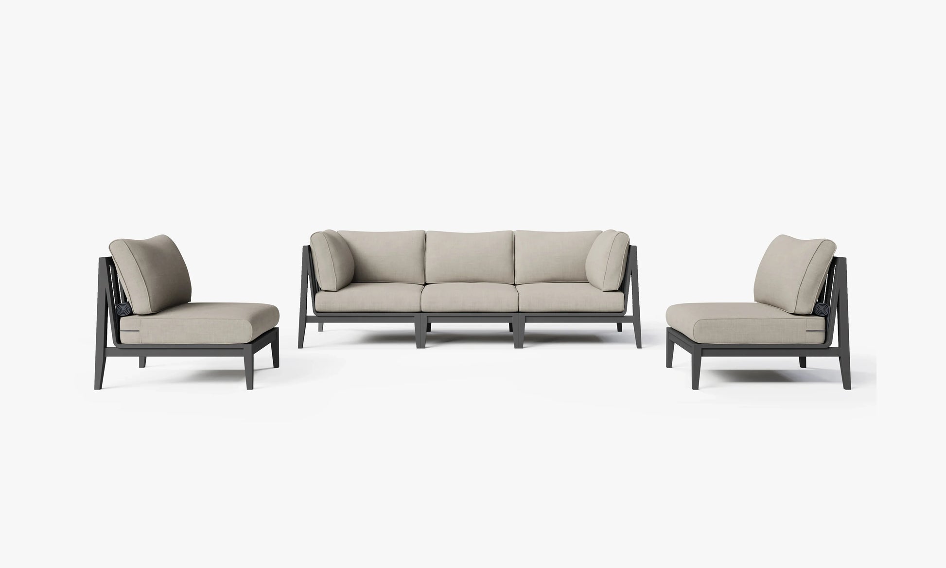 Charcoal aluminum outdoor sofa set in Sandstone Gray with armless chairs – 5 seat patio furniture
